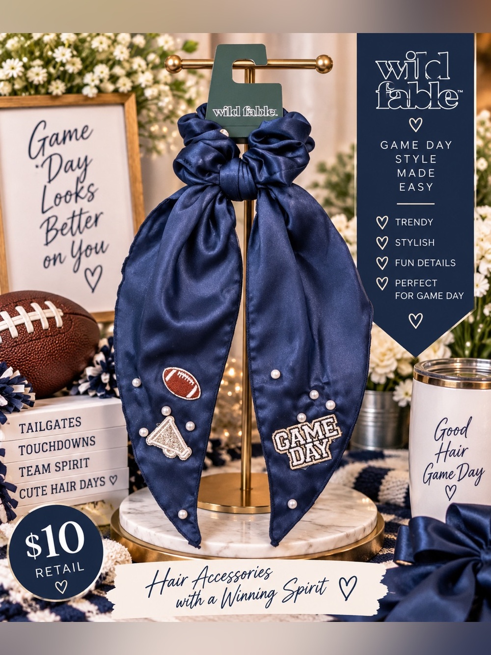 Wild Fable Navy Blue Game Day Football Satin Scarf Scrunchie Pearls/Glitter NWT